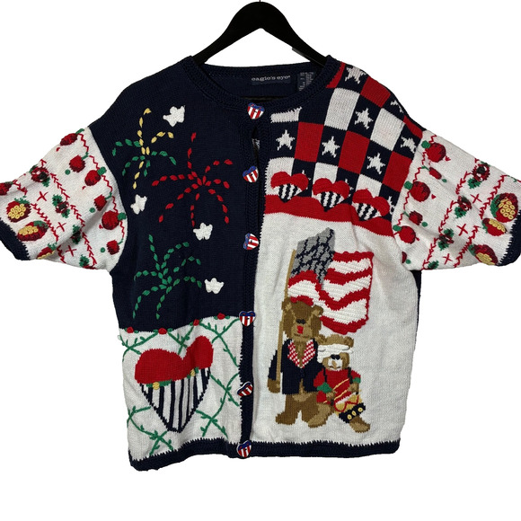 Cardigan Sweater Patriotic Red White & Blue 4th July Vintage Eagle's Eye Size XL - Picture 1 of 12